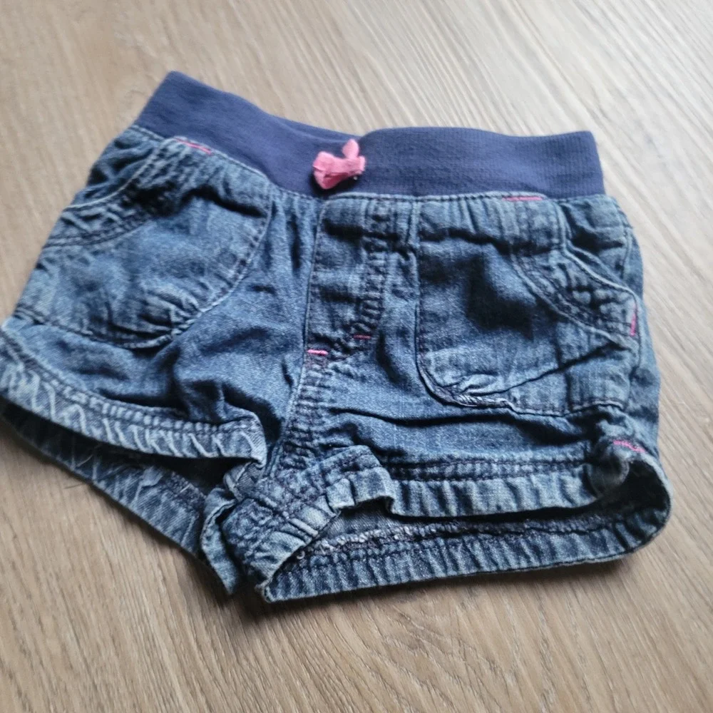 Cherokee Denim Shorts Girls 18M Blue Elastic Waist Pink Bow Casual Summer Cotton